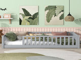 Twin Size Floor Bed with Fence without Door, Rubber Wood Floor Bed with Safety Guardrails,Grey W504P296793