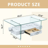 43.3 Inch Modern Two-Tier Coffee Table - Clear Tempered Glass and White Marble Texture, W1151P232633