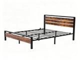 Full Size Metal Wood Platform Bed Frame, 3-Panel Fire Burnt Brown Wood Grain Headboard with LED 77349359