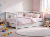 Painted Wooden Children's Bed with Vertical-Slat Railings and 2 Storage Drawers Pine Wood Bedside 20163269