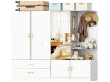 Wardrobe with 5 Doors 2 Drawers 2 Open Shelves Particleboard Unit with 1 Mirrored Door and 4 Hooks 32021789