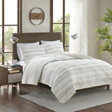 3 Piece Printed Microfiber Seersucker Quilt Set Taupe/Blue Full/Queen B03597654