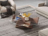 The Round Coffee Table with Glass Top and Geometric Abstract Art Deco Base Storage Shelves, Walnut, N735P350383D