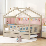 Twin Size Wooden House Bed with Twin Size Trundle, Natural WF302178AAN