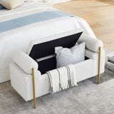 Elegant Upholstered Linen Storage Bench with Cylindrical Arms and Iron Legs for Hallway Living Room W487128010