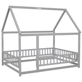 ZNTS Full Size Floor Wooden Bed with House Roof Frame, Fence Guardrails ,Grey W1791P148192