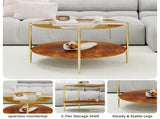 Luxurious Round Coffee Table with-Tinted Tempered Glass Top Walnut Wood Storage Shelf, Sturdy W1935P457159