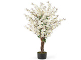 White Faux Plum Blossom Plant with Solid Wood Trunk 35065483