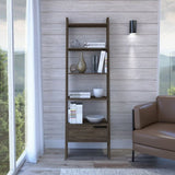 Oslo Ladder Bookcase, Four Legs, One Drawer, Five Open Shelves -Dark Walnut B20091974
