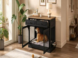 43.3" Farmhouse Dog Crate Furniture, Wooden Dog Kennel with 2 Storage Drawers and Rotating Food N704P414580D