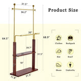 Golden Stainless Steel Hanger, Walnut Colored Solid Wood Double-Layer Coat Rack, 68.9 Inches High W1151P276823