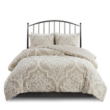 3 piece Tufted Cotton Chenille Damask Comforter Set Taupe Full/Queen B03597173