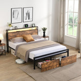 Queen Size Bed Frame with Storage Headboard and 2 Drawers, LED Lights Bed with Charging Station, W1916126253