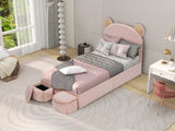 Twin Size Upholstered Platform Bed Frame with Cartoon Bear Ears Shaped Headboard for Kids Teens W3004P230681