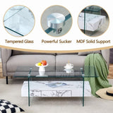 43.3 Inch Modern Two-Tier Coffee Table - Clear Tempered Glass and White Marble Texture, W1151P232633