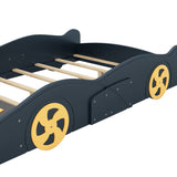 Full Size Race Car-Shaped Platform Bed with Wheels and Storage, Dark BlueYellow WF305760AAC