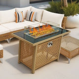 K&K 43" Propane Gas Fire Pit Table, 60000 BTU Rectangular Open Weave Wicker Fire Pit with Glass Wind N707P210158Z