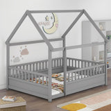 Full Size Floor Wooden Bed with House Roof Frame, Fence Guardrails,Grey W1858123988