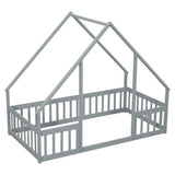 Twin Wood House-Shaped Floor Bed with Fence, Guardrails ,Grey W504P143289