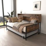 Twin Daybed with Trundle, Farmhouse Daybed Frame with Sliding Barn Door Headboard and Charging W2129P299618