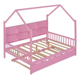 ZNTS Wooden Full Size House Bed with Trundle,Kids Bed with Shelf,Pink WF297070AAH