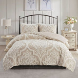 King/Cal King 3 piece Tufted Cotton Chenille Damask Duvet Cover Set B03597348