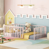 Twin Size Metal Floor Bed Frame with Fence and Door, Pink MF307108AAH