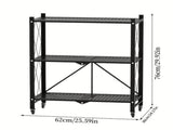 3-Tier Heavy Duty Metal Rack Foldable Shelf Organizer, Kitchen Storage Cart with Lockable Wheel 53848722