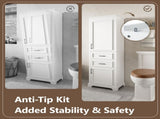 71-inch tall freestanding bathroom vanity with damping-hinge doors and drawers, featuring a modern N729P335588K