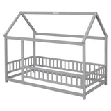 ZNTS Twin Size Floor Wooden Bed with House Roof Frame, Fence Guardrails,Grey 40028728