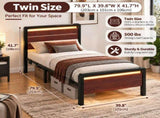 Twin Size Metal Wood Platform Bed Frame, 3-Panel Reddish Brown Wood Grain Headboard with LED Light & 40743771