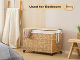 160L 3-Section Laundry with Lid and Wheels, Woven Natural Water Hyacinth Rolling Laundry 28759343