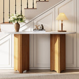 TREXM Narrow Console Table, Entryway Table with Oval Marble Top, Rustic Sofa Table with Curved Legs, N715P245728D