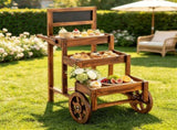 3-Tier Wooden Plant Display Stand, Carbonized Fir Wood Flower Cart with Chalkboard & Rolling Wheels, 65513384