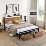 ZNTS Full Size Bed Frame with Storage Headboard and 2 Drawers, LED Lights Bed with Charging Station, 72694390