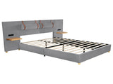 Queen Upholstered Platform Bed, Two Outlets and USB Charging Ports on Both Sides, Two Bedside 09306383