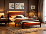 Twin Size Metal Wood Platform Bed Frame, 3-Panel Reddish Brown Wood Grain Headboard with LED Light & 40743771