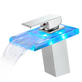 Bathroom Sink Faucet LED Light 3 Colors Changing Waterfall Glass Spout Hot Cold Water Mixer Single W1932P148104