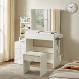 Vanity table with LED-lit mirror with power outlet and hairdryer shelving, with 4 drawers and W1668P197385