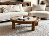 33.46" Round Coffee Table with Silver Mirrored Top, Solid Wood Frame & Cylindrical Legs, Mid-Century W3158P534695
