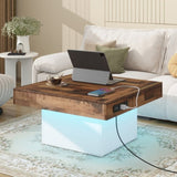 ON-TREND 31.4'' x 31.4'' Farmhouse Coffee Table with 2 USB Ports and Outlets, Brown Spliced Wood N721P189320K