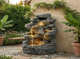5-Tiered Concrete Tall Slim Fountain, 23.85"H LED-Lit Column, Space-Saving Modern Outdoor Accent, N765P324556G