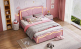 Full Size Upholstered Platform Bed with Curve Shaped and Height-adjustbale Headboard,LED Light WF323749AAH