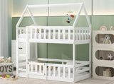 Twin over Twin House Bunk Bed with Fence and Door, White WF313047AAK