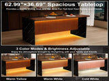 63" Modern Kitchen Island with Marble-Look Surface, LED Lights & Grille Design for Dining Room, W2699P365915