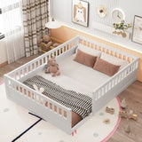 ZNTS Full Floor Bed Frame with Fence, Wood Kids Floor Beds Frame for Bedroom Playroom,White W2593P164750