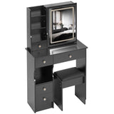 Small Size Left Drawer Desktop Vanity Table Cushioned Stool, Touch Control Sliding LED Mirror, W936P202449