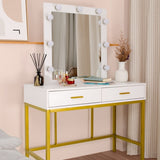 ZNTS Single Mirror With 2 Drawers And Light Bulbs, Steel Frame Dressing Table White 06352762