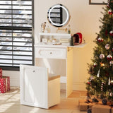 White Makeup Vanity Desk with Round Mirror and Lights, 2 in 1 Nightstand, Dressing Table with a W1706P236679