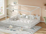 Full Size Montessori Floor Bed, Headboard with Open Storage Cubbies, 4-Sided Guardrails with Access W5767P517425
